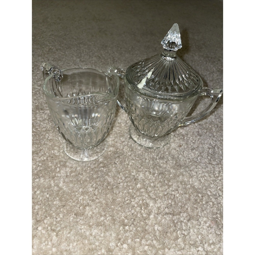 Vintage Clear Pressed Glass Creamer and Lidded Sugar Bowl Set Diamond Pattern
